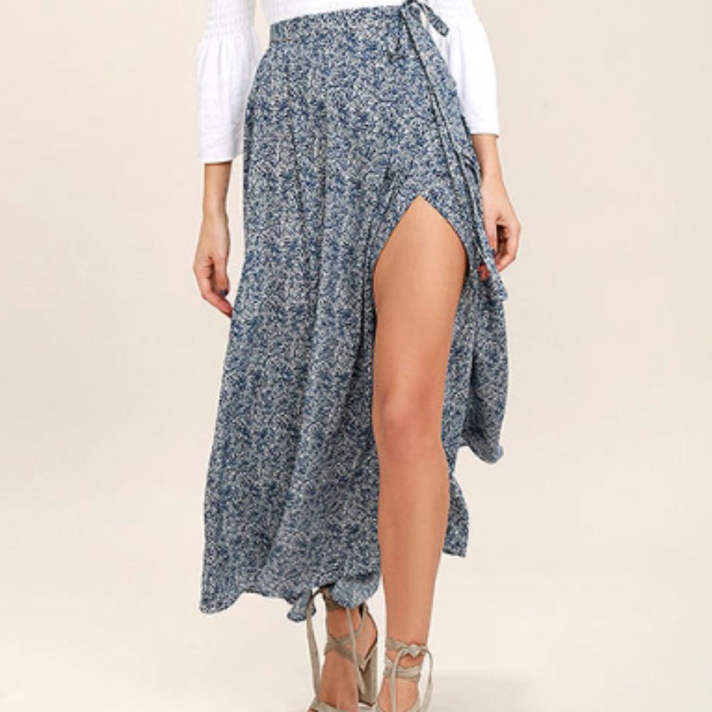 Beautiful Tempest Navy Blue Print Wrap Maxi Skirt